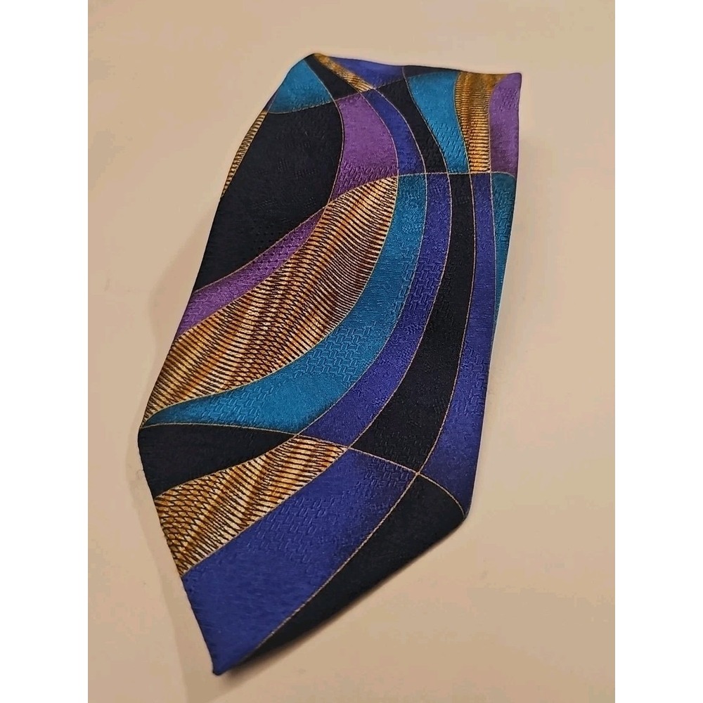 Stefano Milano Mens Neck Tie 100% Silk Hand Italy Black Yellow Purple Geometric